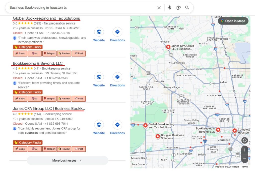 A screenshot of google map pack results , showing top 3 accounting firm for keyword - Business Bookkeeping in Houston Tx